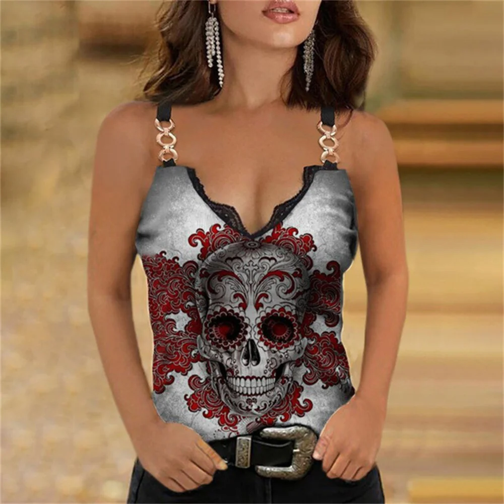 New Spring And Summer New Lace Decoration V-Neck Off Shoulders Rose Printed Camisole T-Shirt Ladies Casual Sexy Slim Vest Tops