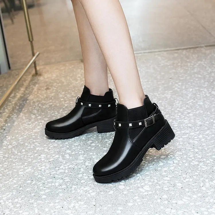 Autumn Winter boots women Leather Low Block Heel Wild thick heel Ankle Boots Shoes Waterproof Black Platform Block Heel Shoes