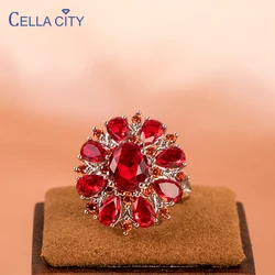 Red Ruby Flower Shape Gemstone Sterling Silver Wedding Rings For Women Bridal Fine Jewelry Engagement Silver Accessories