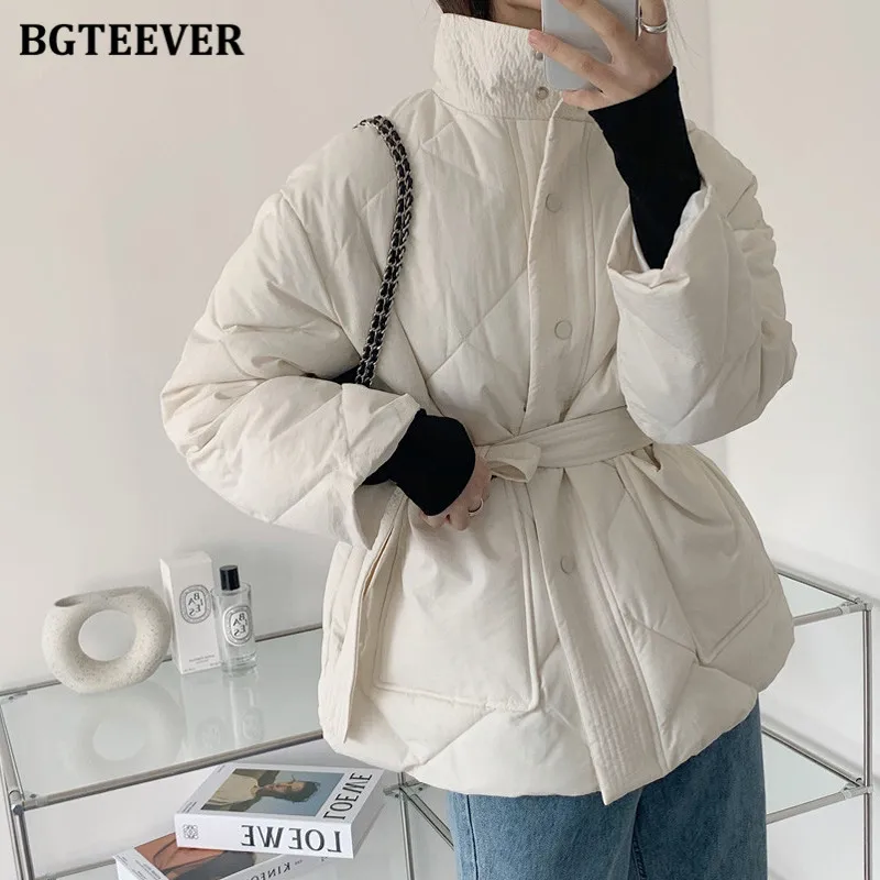 BGTEEVER Winter Thick Cotton Padded Coats Women Single-breasted Zippers Lace-up Female Parkas Stand Collar Female Jackets