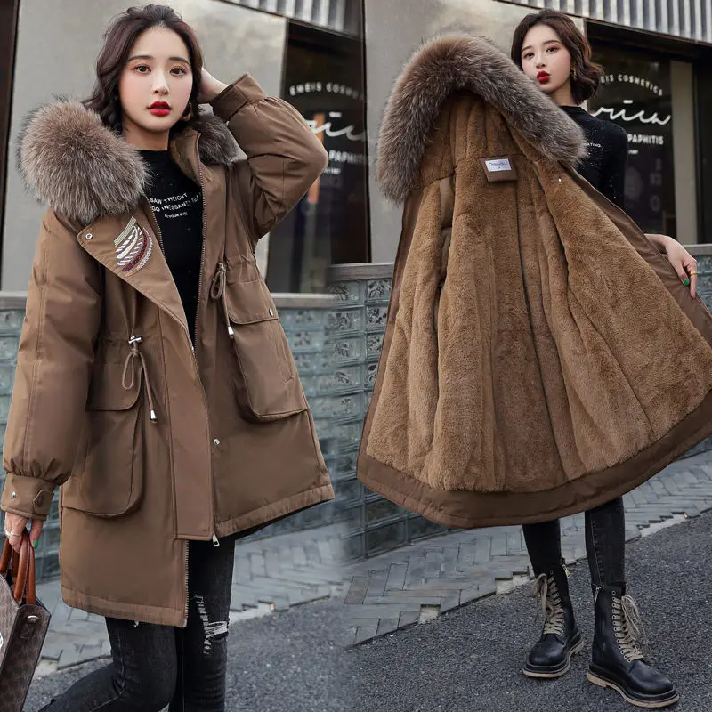 

Cotton Jacket Female Mid-Length Winter Overcoat 2024 New Style Embroidered Loose Outwear Large Fur Collar Down Coat Women Parkas