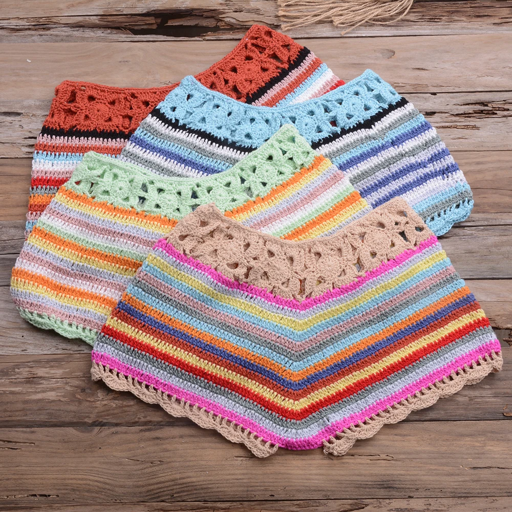 Mixed Colorful Stripe Knitted Crochet Shorts Women Fashion 2021 Summer Elastic Low Waist Shorts Beach Tight Shorts Bottom