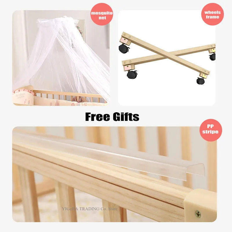 Natural Pine Wood Rocking Cradle Have Mosquito Net, Multifunctional Baby Crib, 104*60*95cm, Can Joint Adult Bed