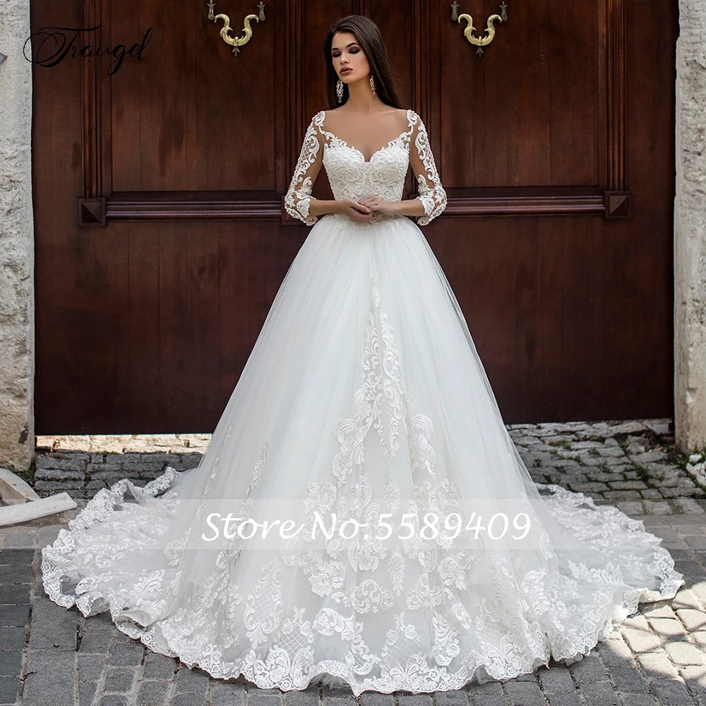 Traugel ilusão colher uma linha de renda vestidos de casamento applique 3/4 manga sem costas vestido de noiva capela trem vestido de noiva mais tamanho