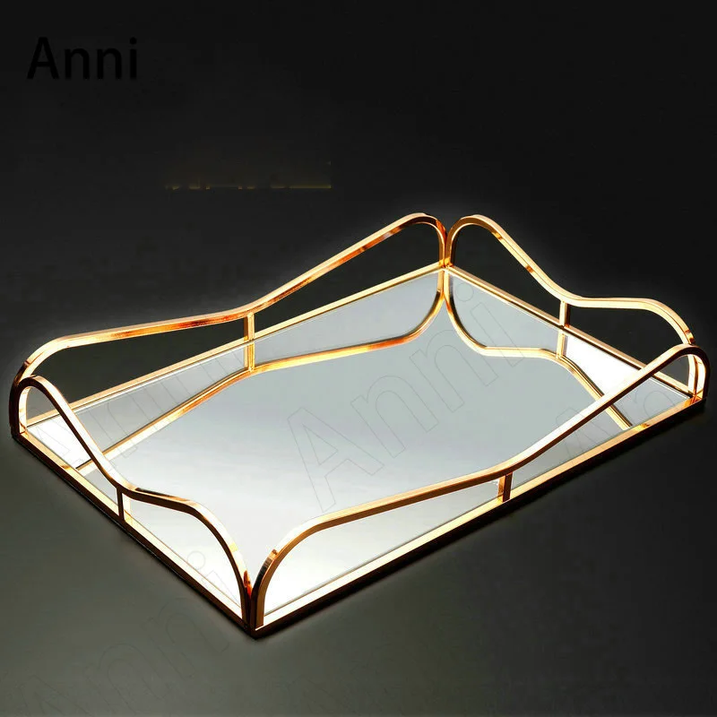 

Golden Stroke Glass Mirror Trays Decorative European Modern Geometric Lines Wine Glass Tea Set Mug Storage Tray Home Decoration