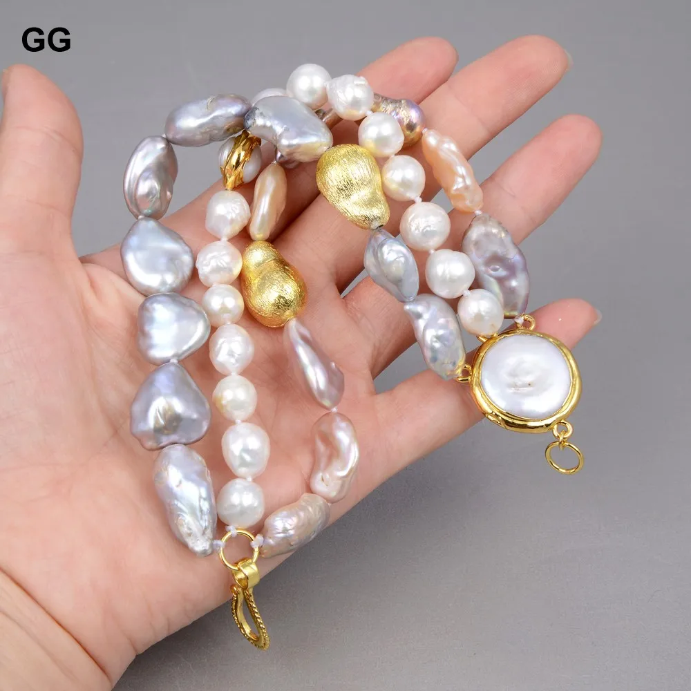 GuaiGuai Jewelry 8'' Natural White Keshi Gray Baroque Purple Biwa Pearl Bracelet Golden Coin Pearl Connector Classic For Women