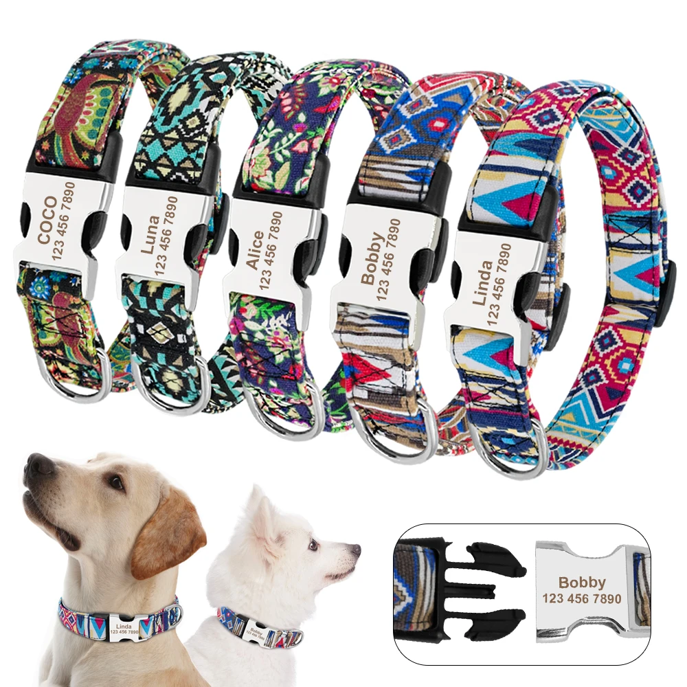 Custom Engraved Dog Collar Personalized Nylon Pet Dog Tag Collar Printed Puppy Cat Nameplate ID Collars For Small Large Dogs