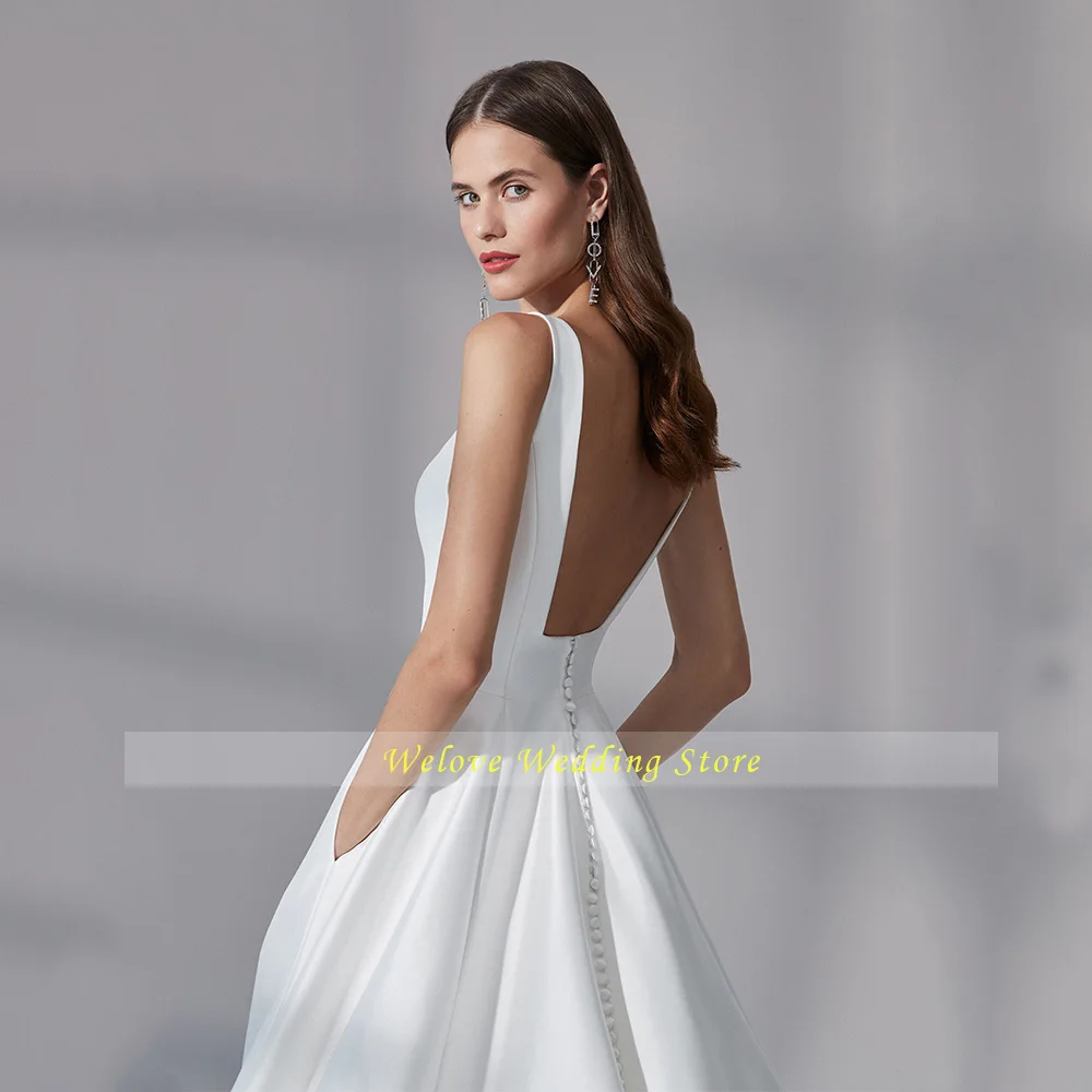 2024 Summer Square Neck Bride Dress For Weddings Cap Sleeve With Pockets Backless Simple Wedding Gown A Line Solid Color Custom