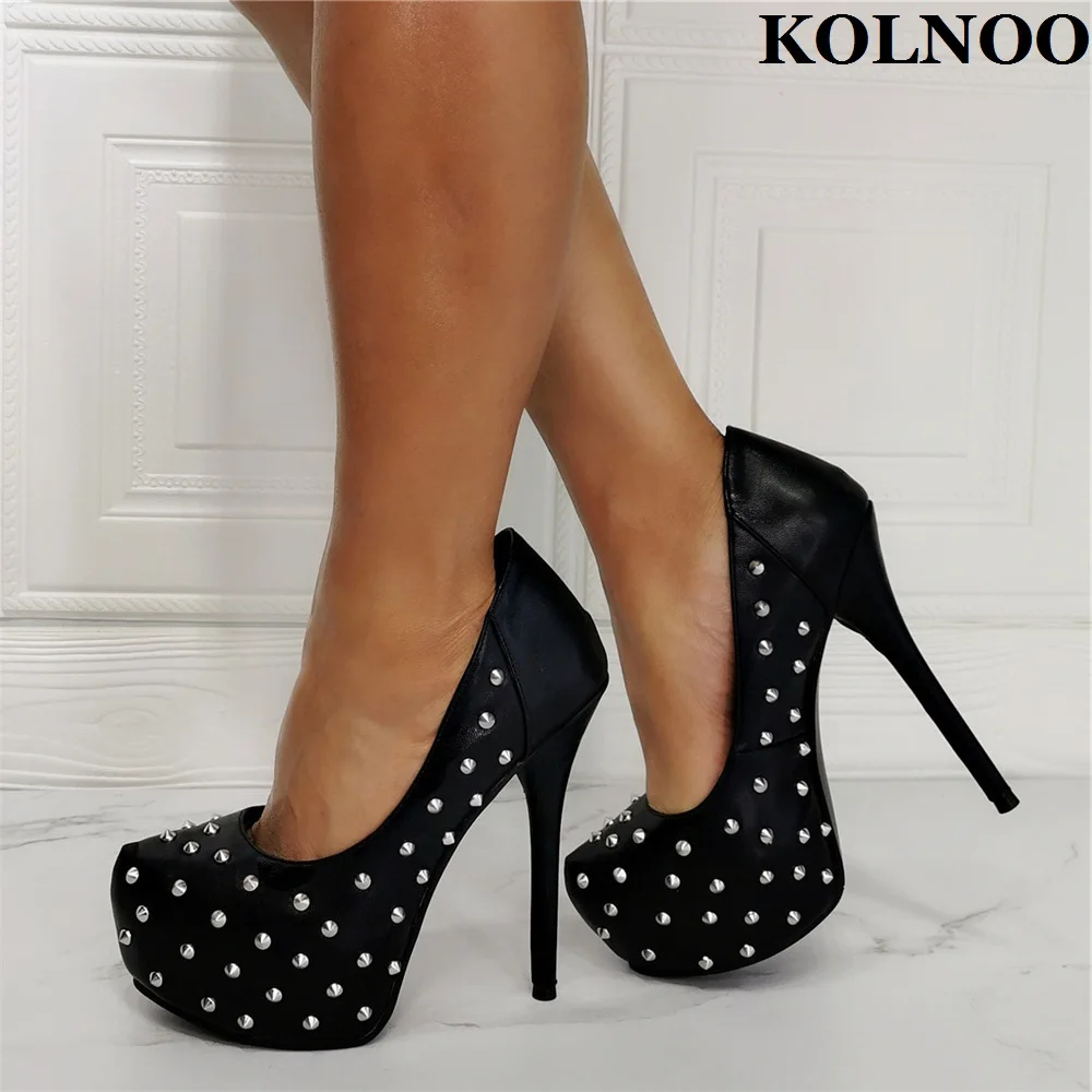 Kolnoo New Handmade Womens High Heels Pumps Rivets Spike Platform Evening Party Dress Shoes Large Size Fashion Black Court Shoes