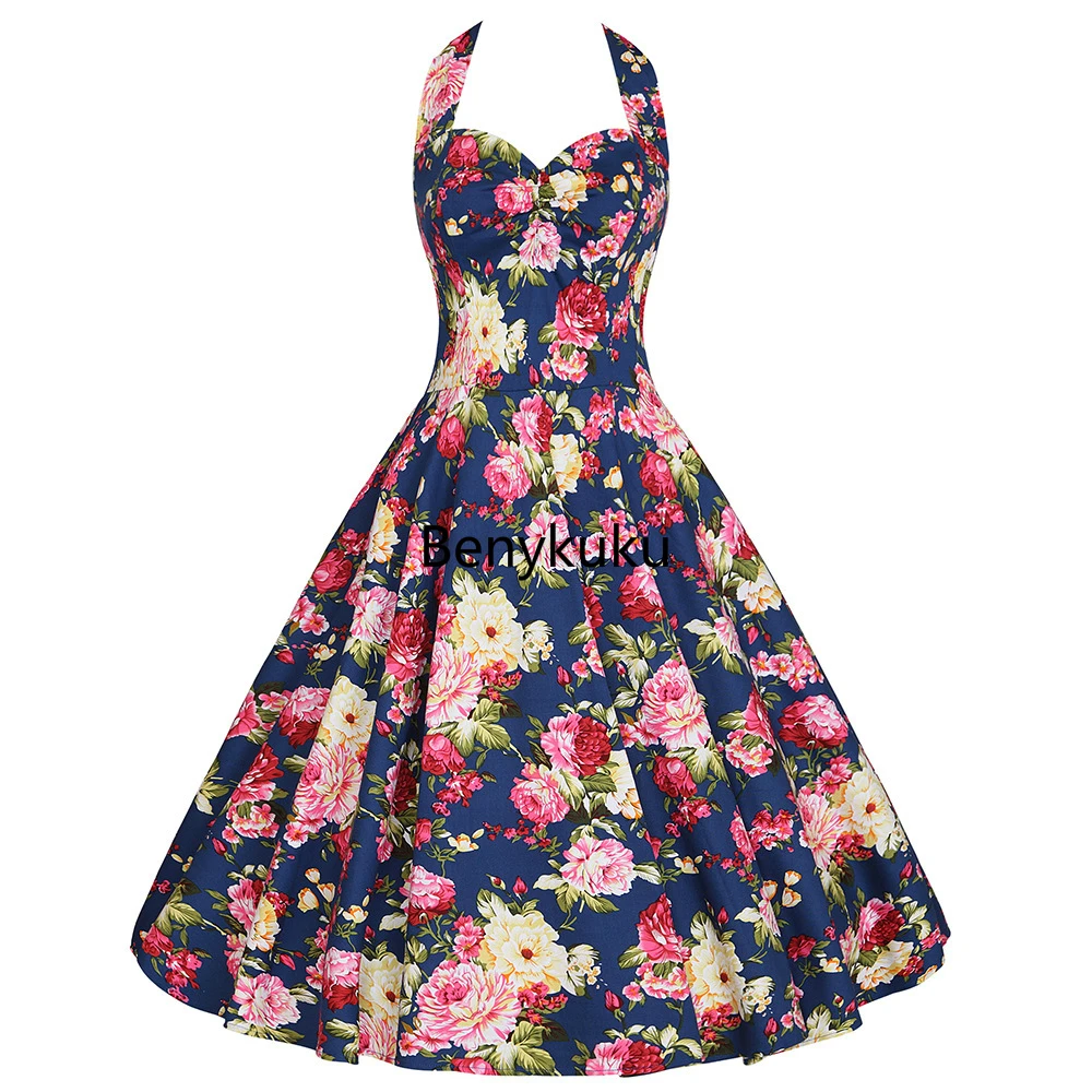 Sexy Halter Party Dress Retro Floral Print Hepburn Vintage 50s 60s Pin Up Rockabilly  Dress Robe Cotton Plus Size Women Clothing - AliExpress 200000345
