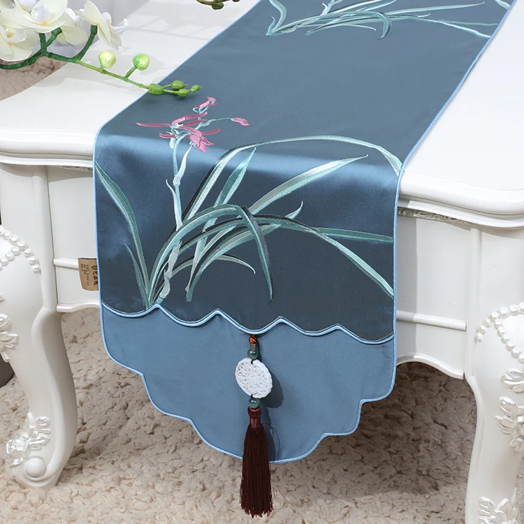 

Custom Jacquard Orchid Grass Damask Table Runner Chinese Silk Brocade Party Tablecloth Rectangle Home Decor Protective Pads