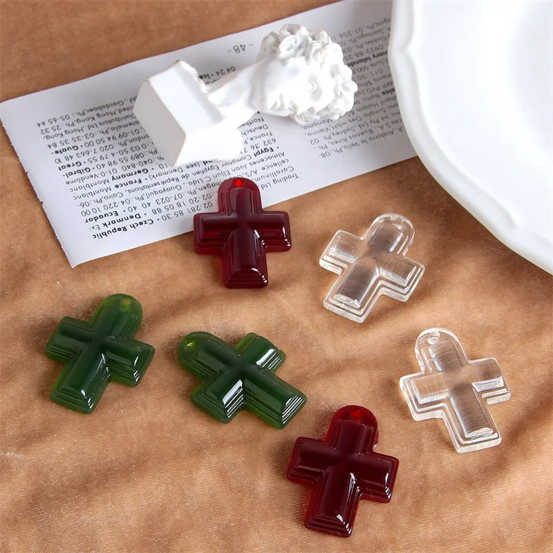 6PCS/lot Retro Transparent Vintage Glass Sense Resin Cross Pendant DIY Handmade Jewelry Earrings Accessories Material