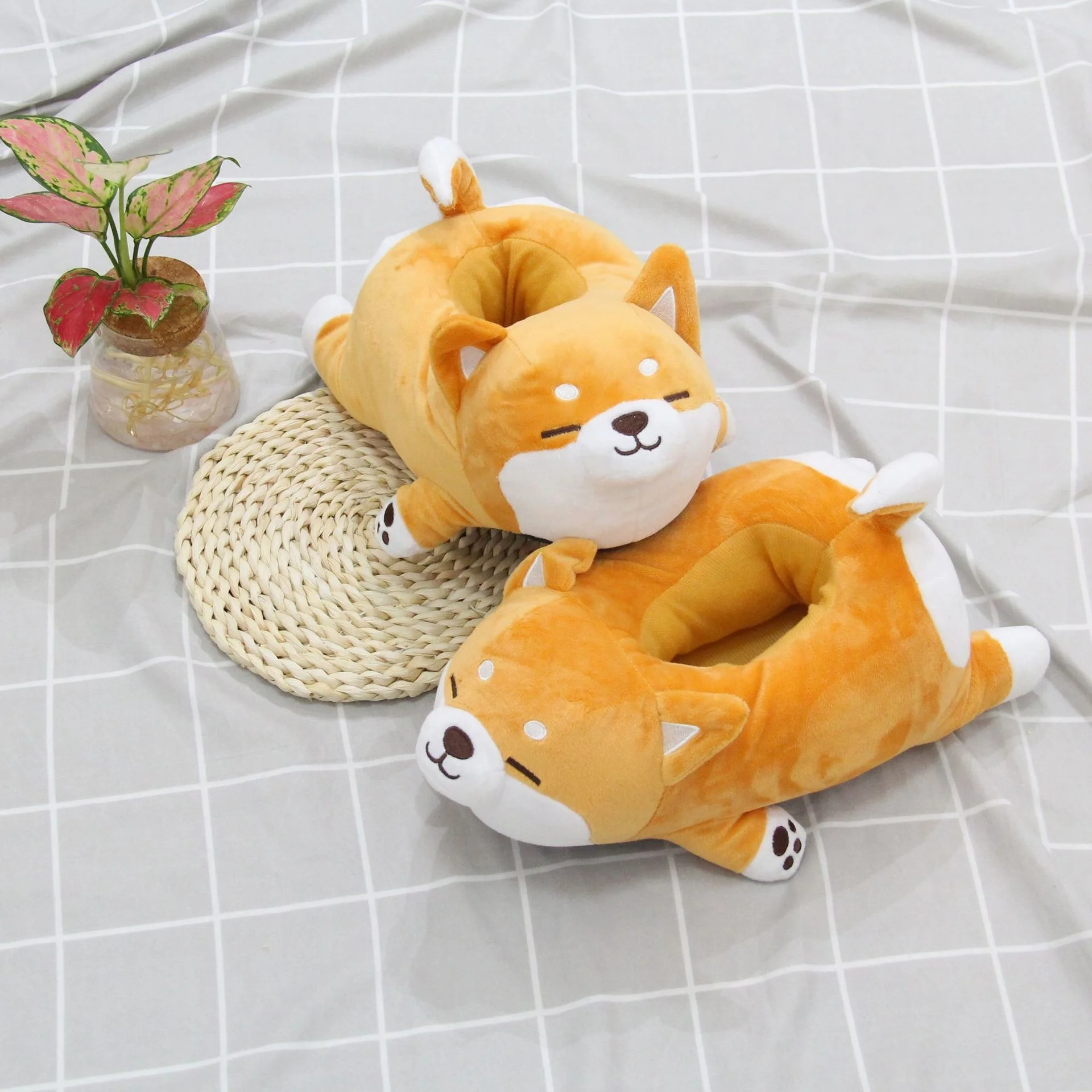 Chinelos de cão preguiçosos macios bonitos Shiba Inu, Sapatos de algodão de pelúcia animal, Chinelo engraçado, 2021