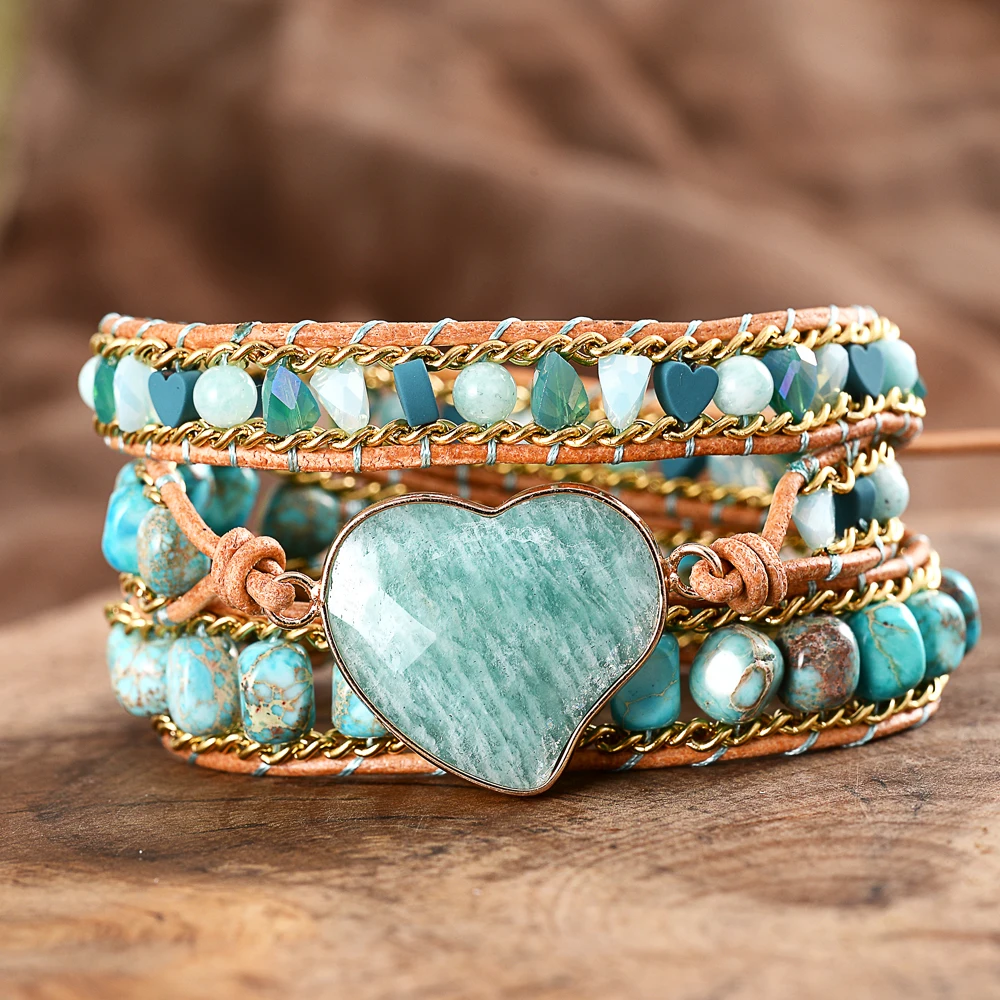 Faceted Amazonite Heart Couple Love Wrap Bracelets Link Chain Leather Handmade Beaded Bangles