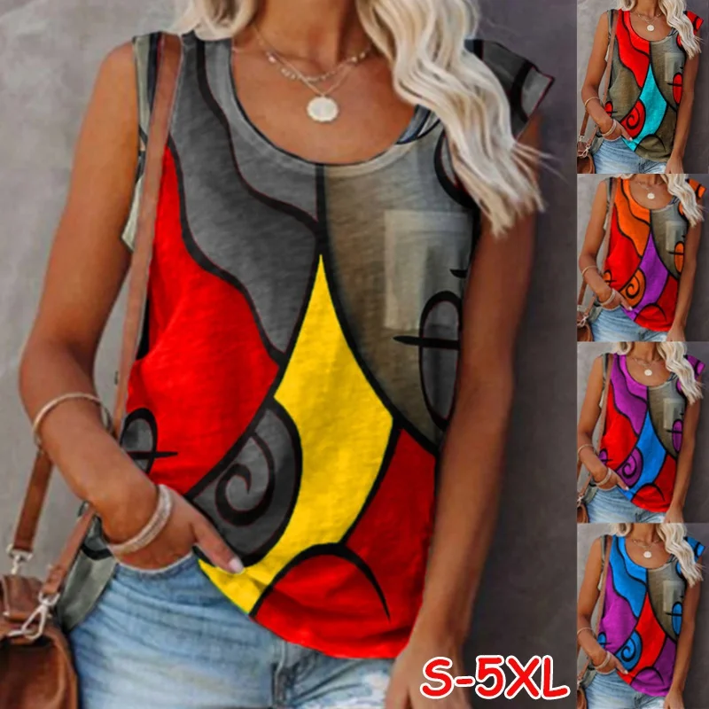 Floral Printed Sleeveless Vest Summer Women Sexy Round Neck Casual T Shirt Loose Plus Size Harajuku Ladies Halter Tops S-5XL