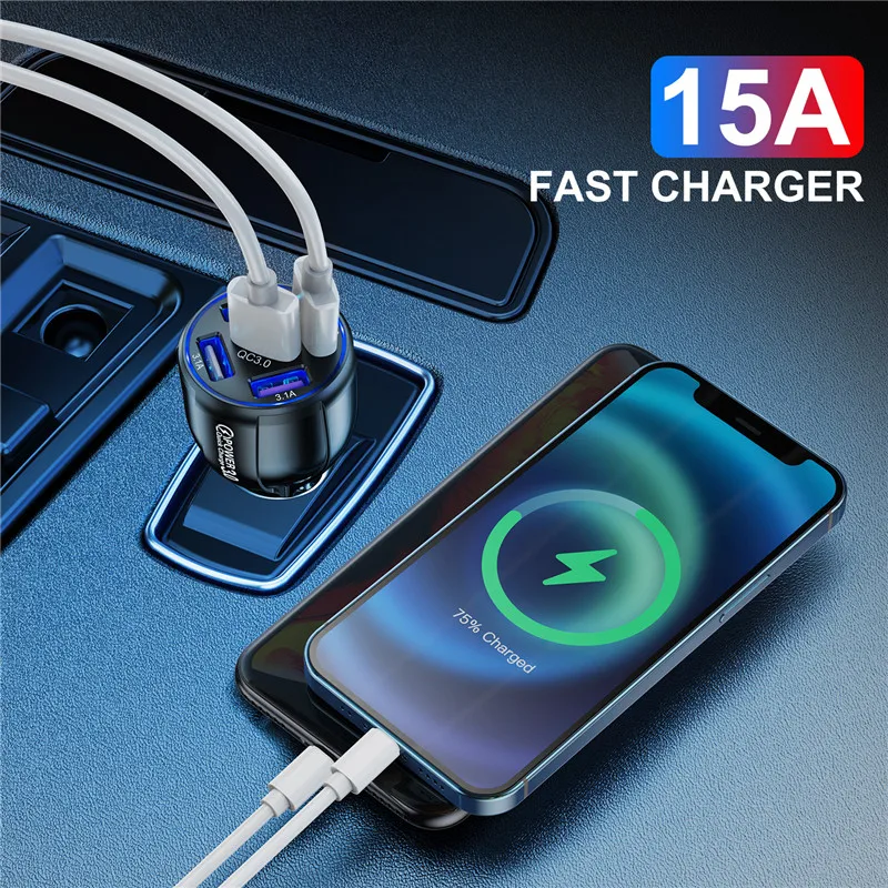 USLION 5 Port Fast Charging Car USB Charger For Xiaomi redmi note 10 pro Quick Charge 3.0 15A Charger Mobile Phone Charge in Car