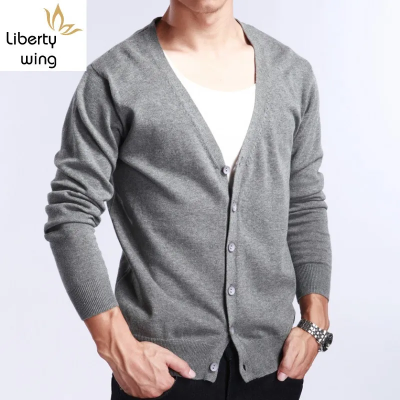 Autumn V Neck Mens Overcoat Businessmen Thin Slim Fit Knitted Sweater Full Sleeved Comfort Cardigan Masculino