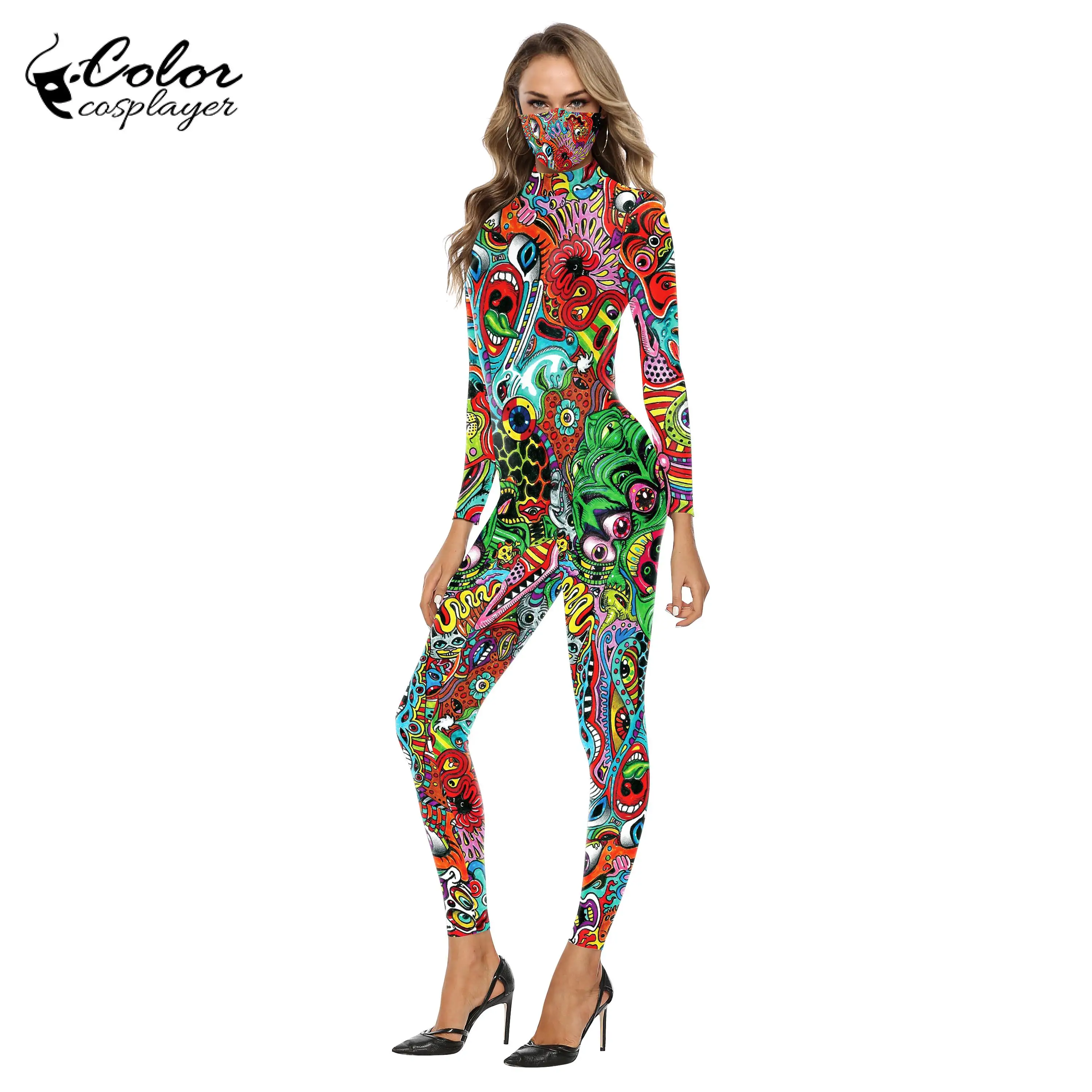 Mono de Navidad de colores para Cosplay, traje de Catsuit de moda para Halloween, disfraces de Cosplay con estampado 3D, mono de Spandex Zentai