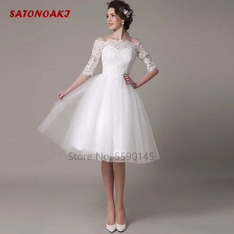 Short Wedding Dress 2024 Bateau Neck Lace Applique Tulle Knee Length Half Sleeves Beach Bridal Gown Vestido De Novia Robe Mariée