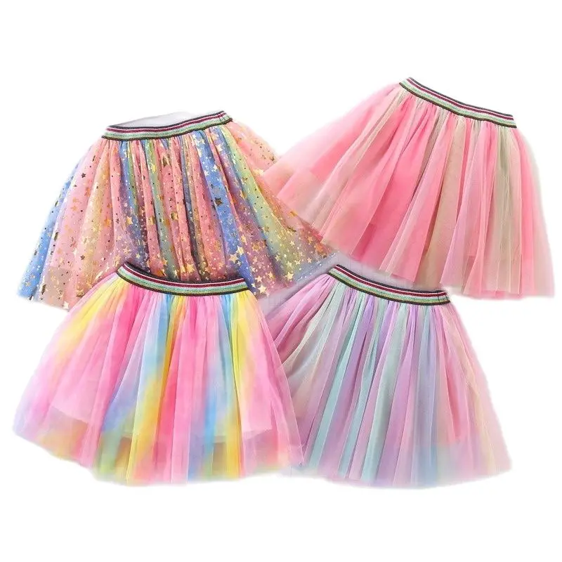 Summer New Children's Rainbow Skirts School Girls Mesh Tutu Birthday Princess Party Show Dance Skirt Gauze Mid-Waist Ball Gown