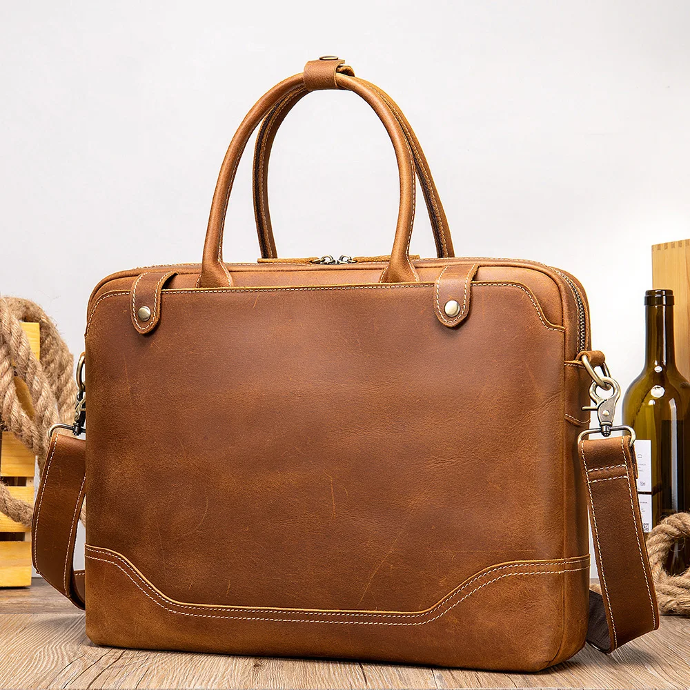 Briefcase Genuine Leather Shoulder Bag Briefcases Bag Hot Fashion Men Handbags Cowhide Laptop Bag 14 Inch PC Computer Bag Luxury