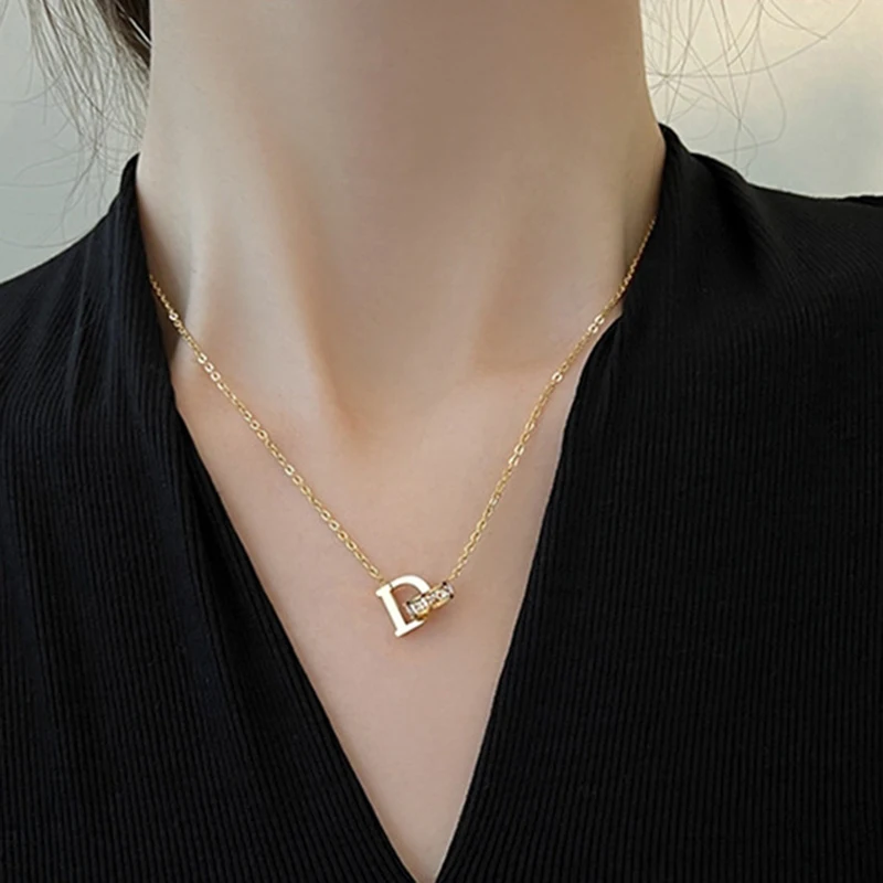 Personality Crystal Circle Stainless Steel Necklace Female Pendant Gold Color Letter D Choker Necklaces For Women Jewelry