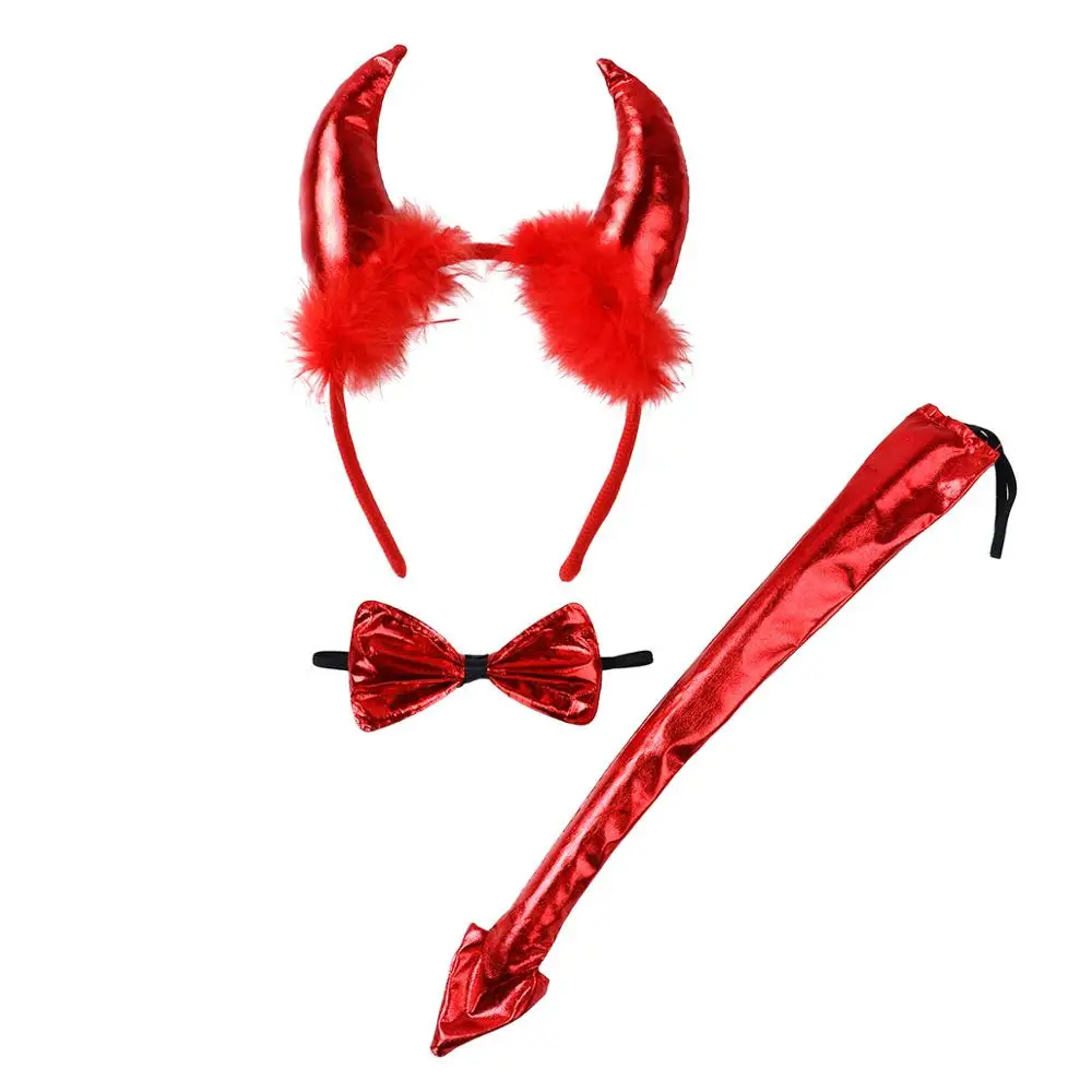 Halloween Devil Cosplay Costume Accessories Fluffy Ears Stretchy Headband Bowtie Bendable Tail Set Devil Horns Headband Kit