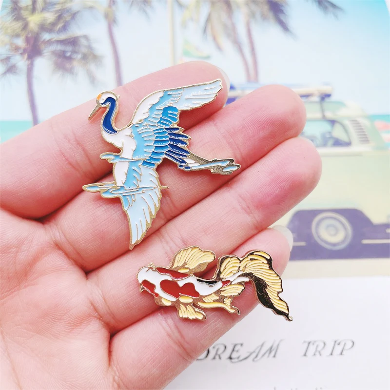 Creative Cartoon Animals Enamel Pins Birds Cranes Fish Koi Alloy Brooches Badges Clothes Accessories Exquisite Women Jewelry