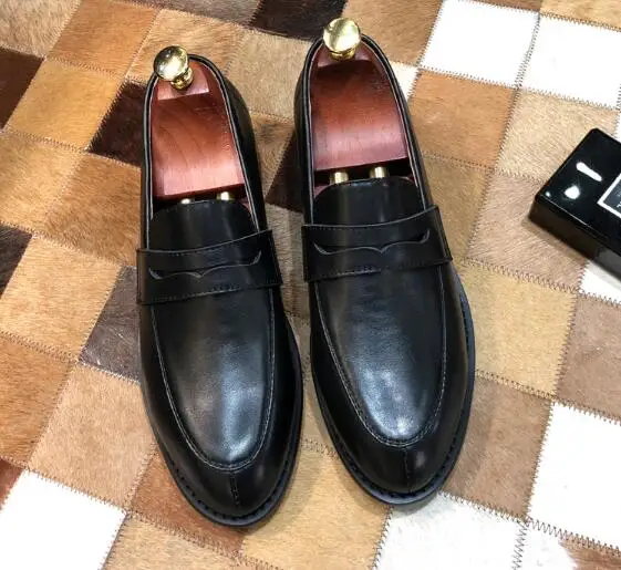 British Style Black Cow Leather Round Toe Slip On Loafers Man Low Top Flat Business Dress Shoes Size 37-45 Drop Shipping Male