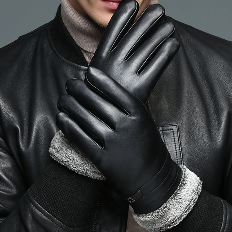 Guantes para conducción al aire libre para hombre, guantes cálidos de invierno, resistentes al viento, de cuero PU, resistentes al frío, además de terciopelo grueso con pantalla táctil, 2020