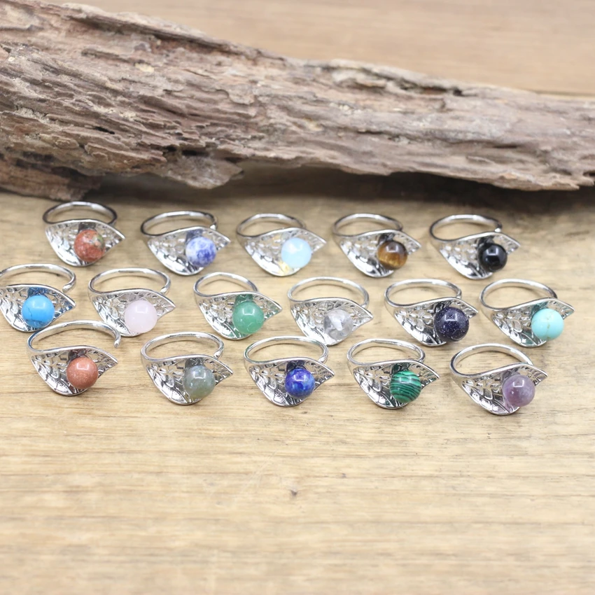 

Leaf Shape Round Bead Stone Open Rings Reiki Healing Crystal Opalite Agates Amethysts Lapis Adjustable Ring Women Jewelry,QC4118