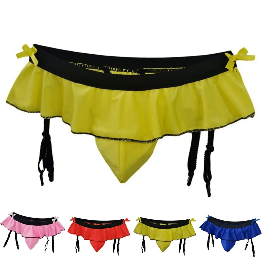 Thongs Skirt Men Sexy Fashion Ruffled Decor Briefs Thongs 4 straps Suspender Sock Clip Underwear Sissy Panties Gay Underpants