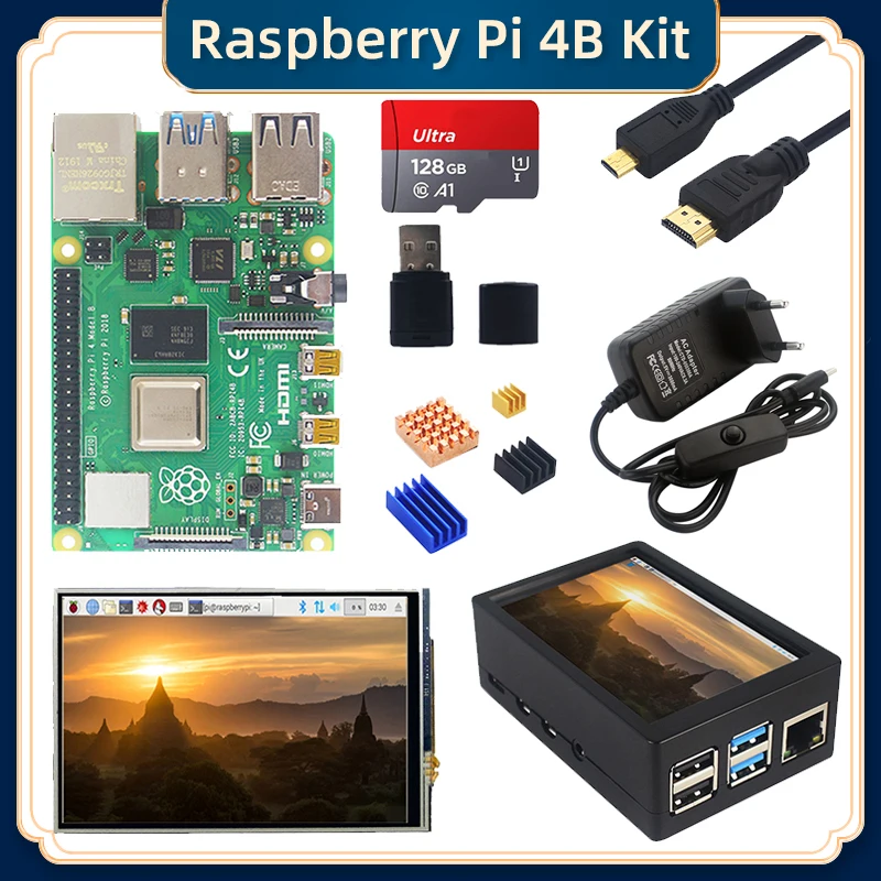 Raspberry Pi 4 Modell B Kit 2G / 4G / 8G RAM + 3,5 Inch Touchscreen + fall + Netzteil + SD Karte + Kühlkörper für Raspberry Pi 4