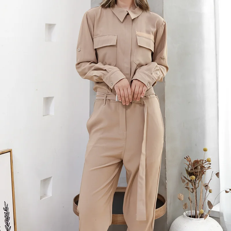 Macacão de carga feminina primavera e outono novo design de zíper fino khaki personalidade casual calças tamanho grande