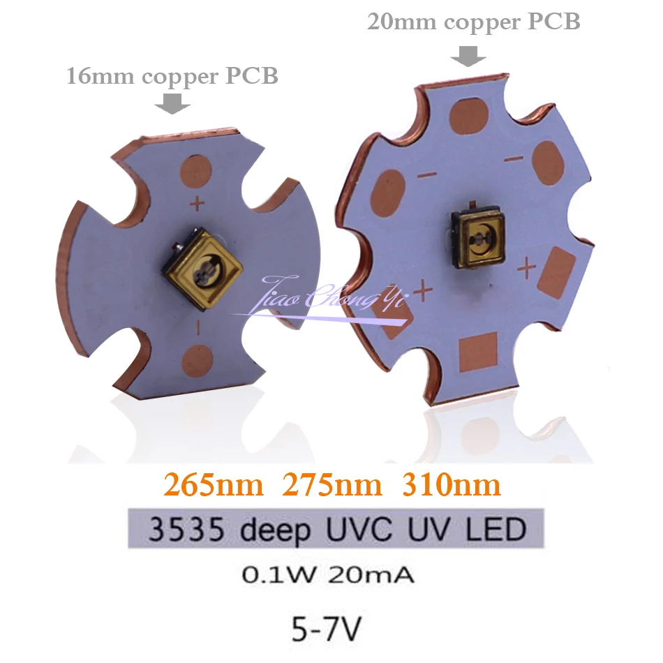 

0.1W 5-7V 265nm 275nm 310nm UVC LED Lamp beads 16mm /20mm Copper PCB Deep UV light Sterilization