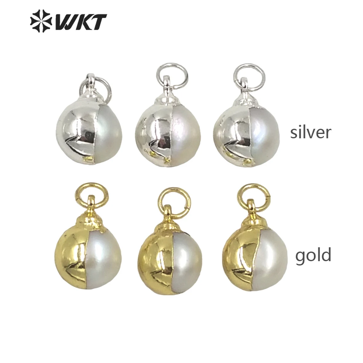 WT-JP250 WKT Newest summer design tiny round pearl charms lady elegant 10mm half gold dipped flash white pearl small pendant