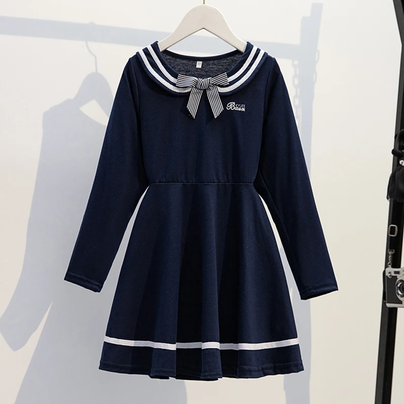 Baby Girl Spring & Autumn Dresses Kids School Dress for Children Bow Long Sleeve Vestidos Preppy Style Kids Clothes 3-14 Years