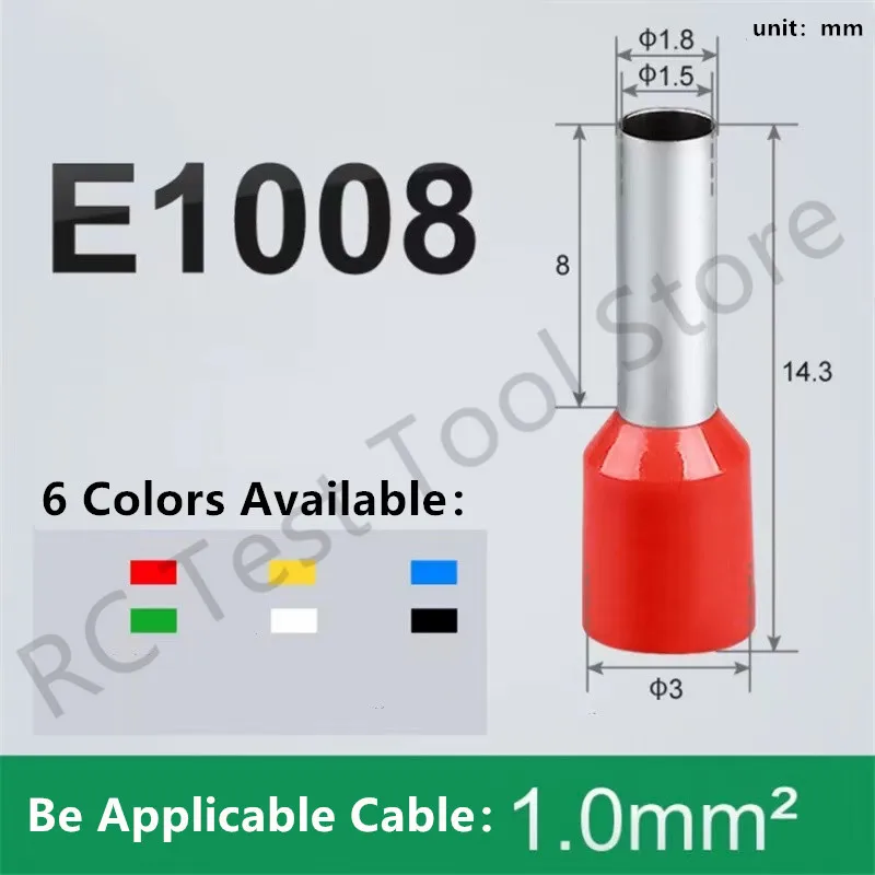 100pcs/Pack E1008 Insulated Ferrules Terminal Block Cord End Wire 18AWG Connector Electrical Crimp Terminator 1mm²