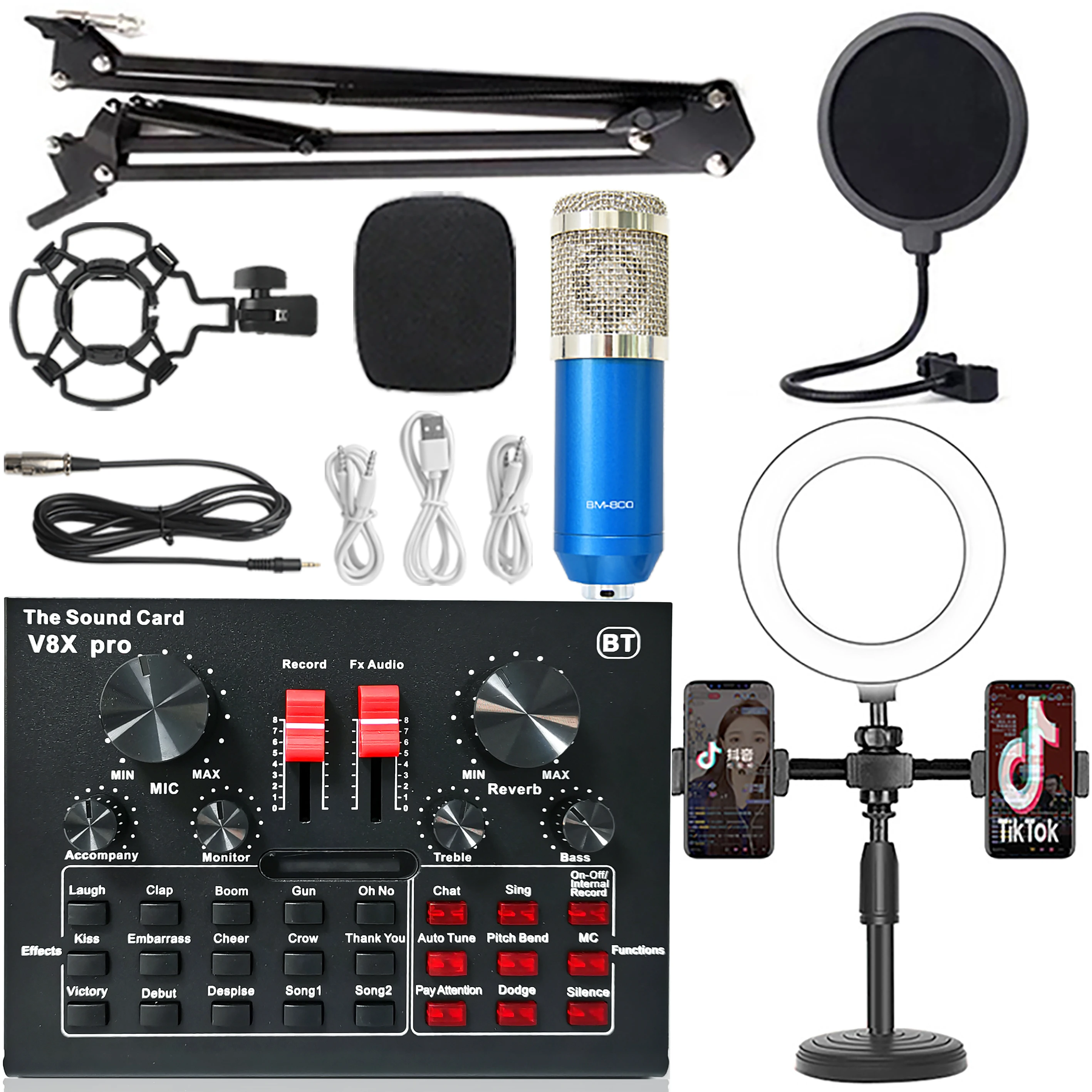 V8X برو كارت الصوت استوديو خلاط الغناء الحد من الضوضاء المحمولة ميكروفون صوت BM800 البث المباشر للهاتف سجل الكمبيوتر