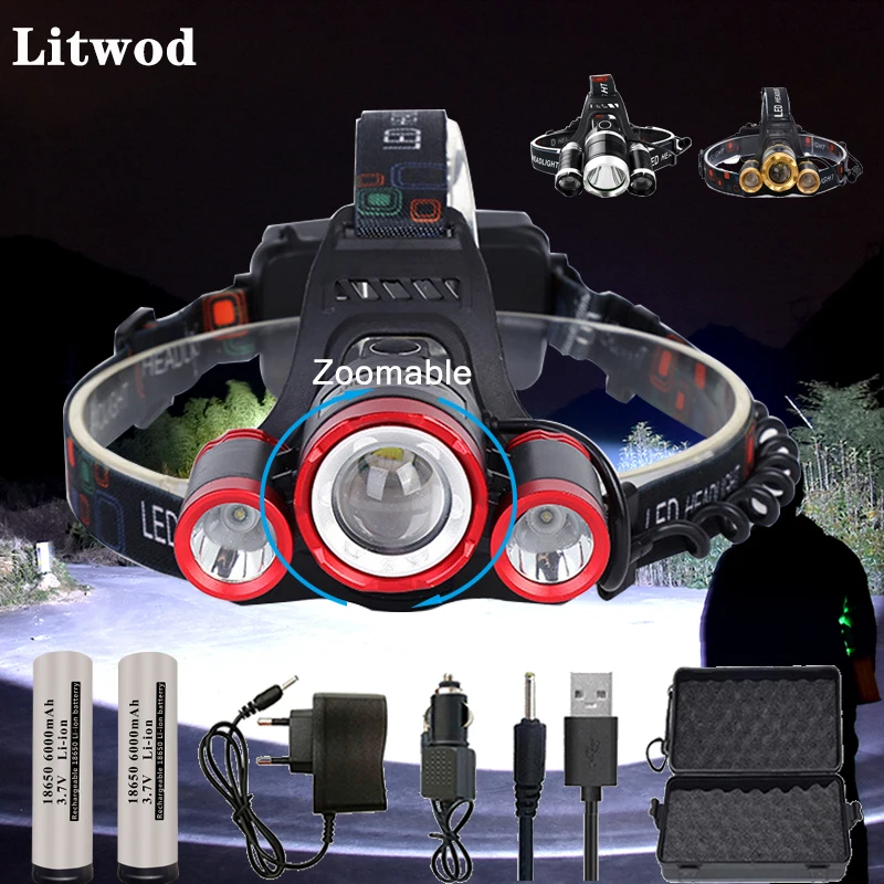 Super Bright LED Headlight 3*T6 Zoom LED Headlamp Flashlight Torch Head Lights Lamp+2*18650 Battery+AC/Car/USB Charger