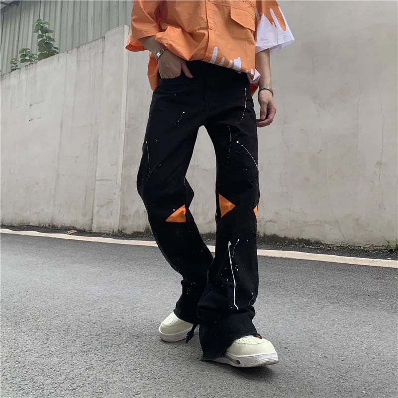 ICCLEK High Street Loose Jeans Zipper Slit Flared Pants Men's Pants Casual Black Denim Pants Stacked Jeans  Men Jeans Pants