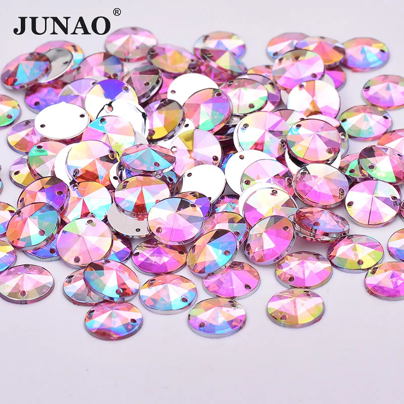 JUNAO 500pcs 10mm Sewing Pink AB Rivoli Rhinestones Flat Back Crystal Stones Sewn Round Acrylic Strass for Clothes Crafts