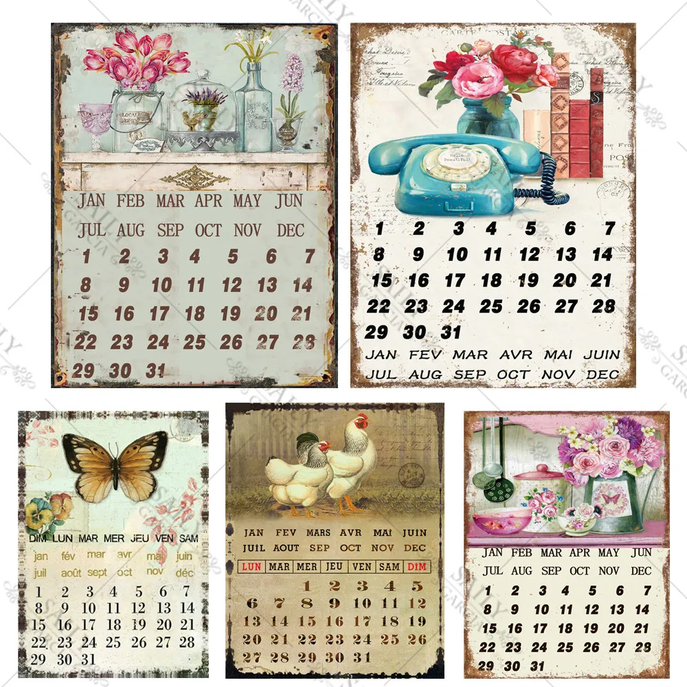 

Metal Calendar Tin Sign Teen Room Decoration Tin Sign Bedroom Poster Plates Metal Decor Wall Art Vintage Flowers and Plants