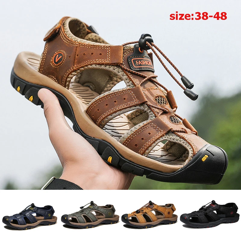 

Summer Men's Sandals Genuine Leather Male Casual Shoes Size38-48 Beach Solid Sandals Closed Toe Aqua Shoes for Hiking Trekking