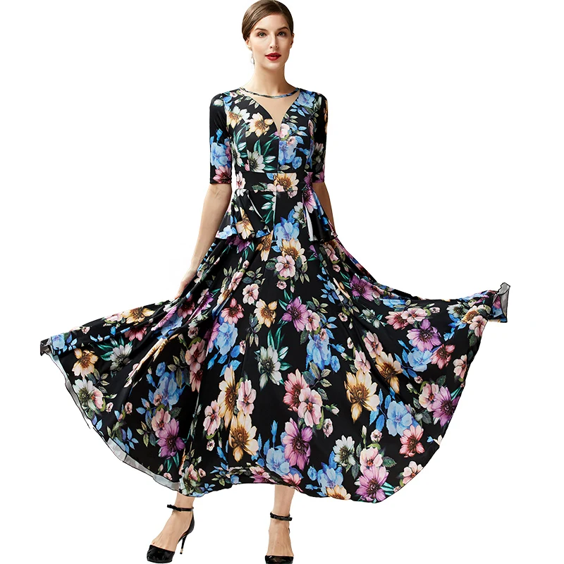 

Printing Women Elegant Half Sleeves Swing Ballroom Dance Dress For Dancing Waltz Dress Tango Dance Costumes Flamenco Dress