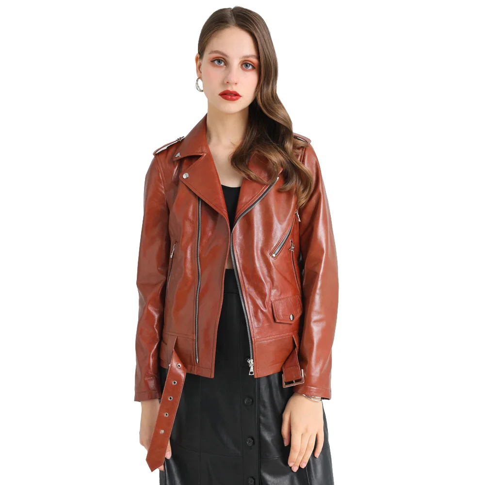 LUHAYESA-Chaqueta clásica de cuero genuino para mujer, abrigo ajustado de piel de oveja auténtica, color rojo, marrón y negro