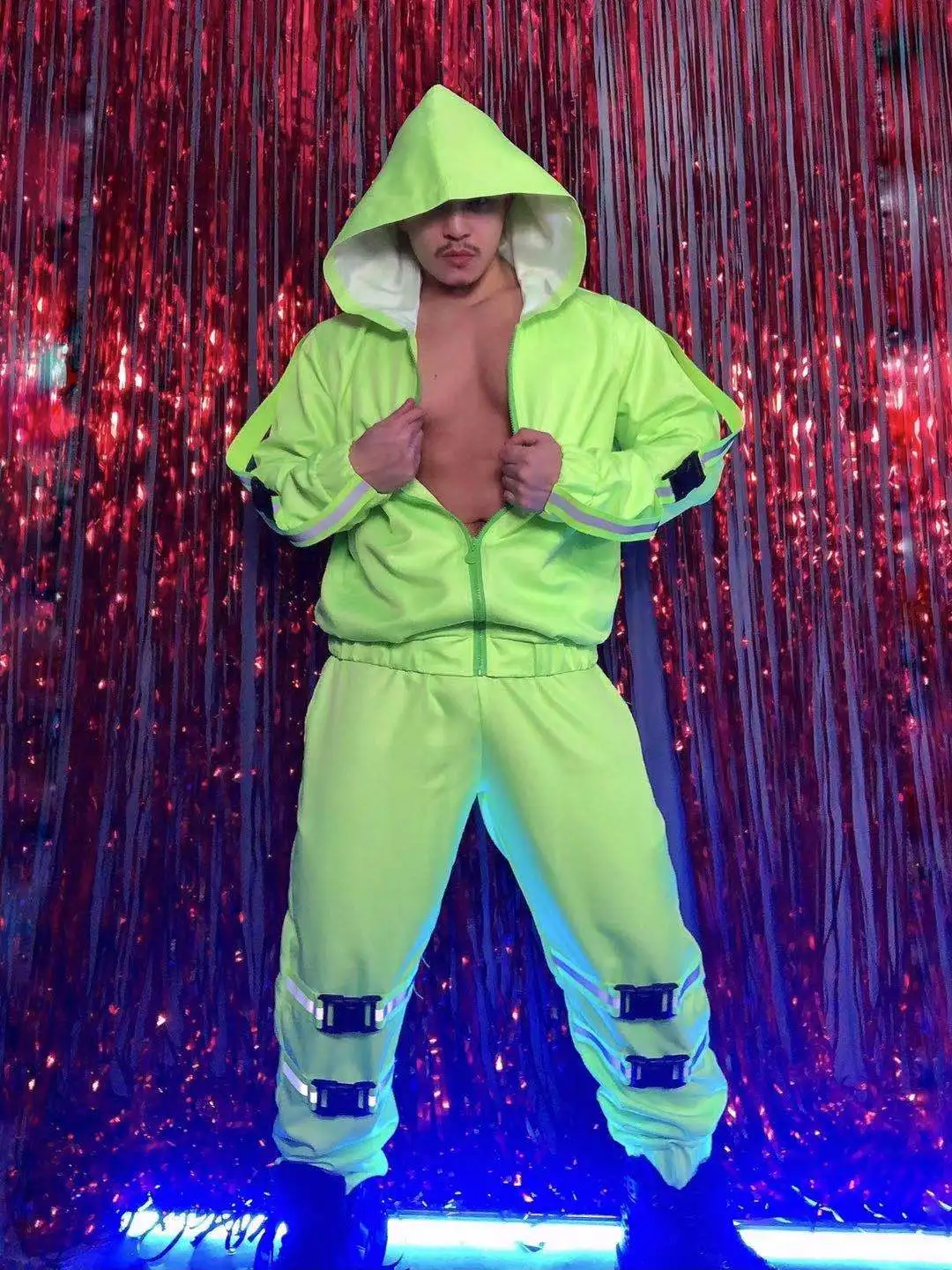 الكبار الذكور الهيب هوب الجاز ملابس رقص مجموعة الفلورسنت الأخضر مقنعين سترة السراويل 2 قطع الزي بار مرحلة الأداء الملابس
