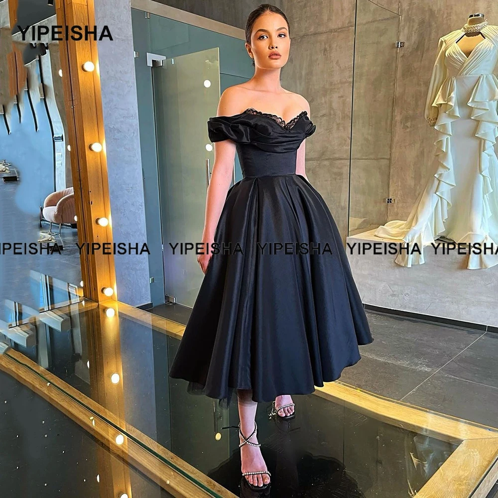 Yipeisha Vintage Đầm Đen Nhỏ Ngoài Vai Trà Chiều Dài Tiệc Cocktail Đầm Một Dòng Taffeta Tiệc Váy Áo Dây De soiree