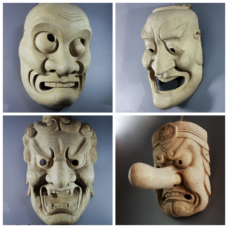 

Japanese Wooden Noh Masks, Hand-Carved Tengu, Samurai, and Oni Traditional Crafts for Home Decor