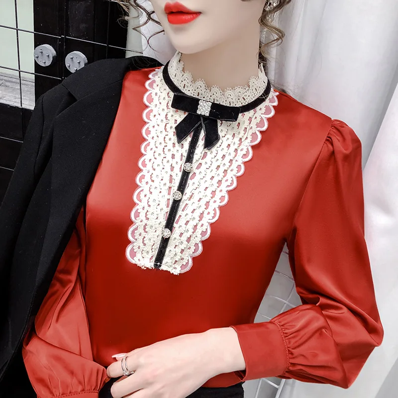 Vintage Medieval Victorian Blouse Royal Court Palace Shirt Steampunk Gothic Shirt Stand Neck Ladies Women Pullover Bow Lace Tops
